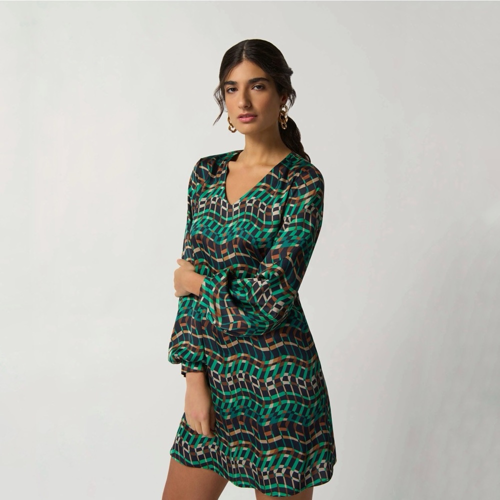 Joseph Ribkoff Geometric Green Black A-Line Midi Dress Size 4 233272 178